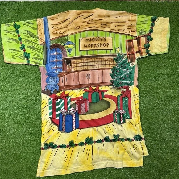 Vintage Disney Sequin Shirt LG Yellow Mickey All Over Print By Joujou Holiday - Picture 9 of 10